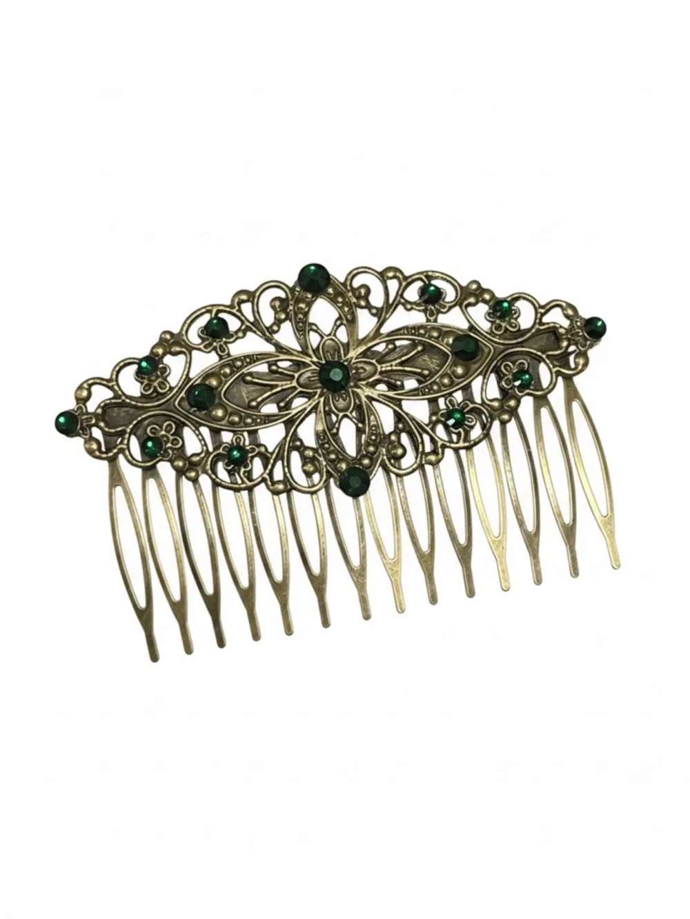 Antique-Style Brass Hair Comb with Green Gem Accents FINAL PRICE DROP